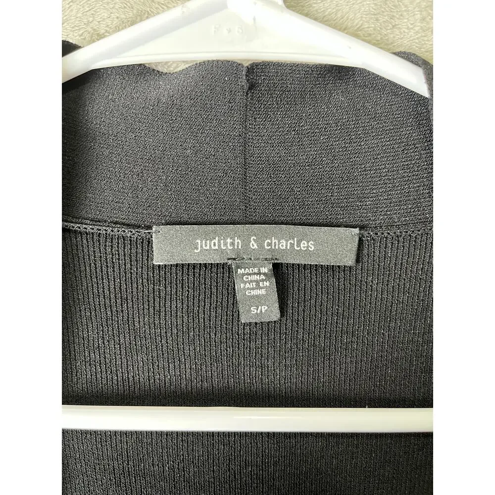 Judith & Charles Black Open Front Knit Cardigan Minimalist Pockets Office Career